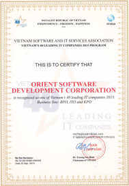 Certificate recognizing Orient Software as Top 40 ICT company in Vietnam
